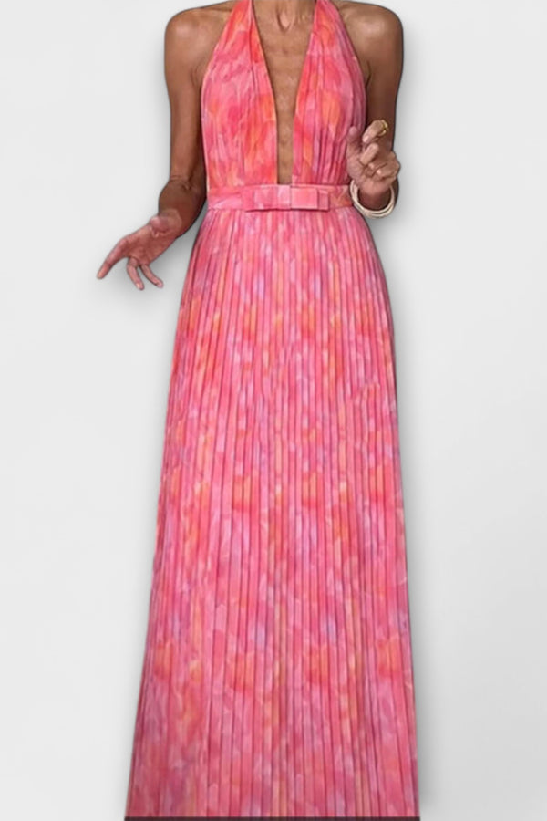 Seraphina - Schickes Halter Neck V-Ausschnitt Plissiertes Maxikleid