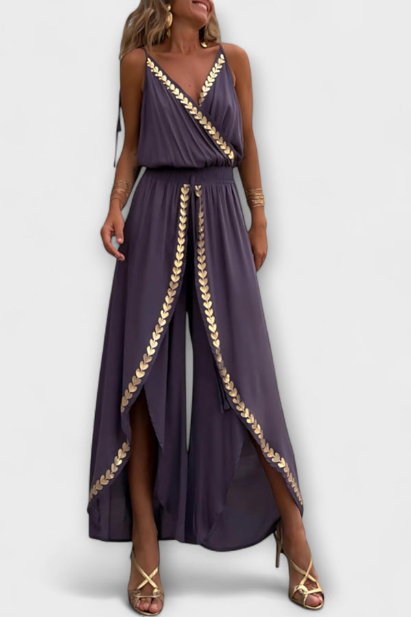 Angela - Donatila V-Ausschnitt Jumpsuit mit Stickerei und offenen Beinen