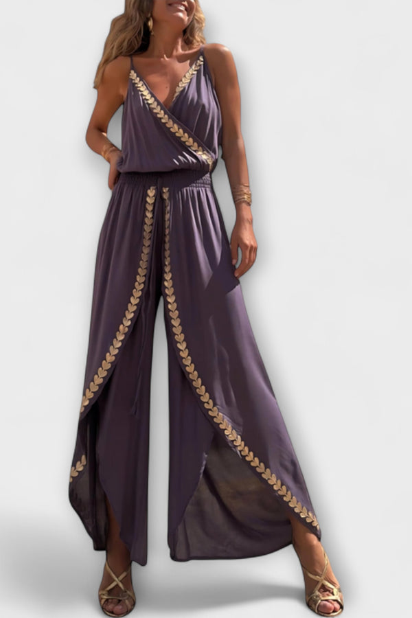 Angela - Donatila V-Ausschnitt Jumpsuit mit Stickerei und offenen Beinen