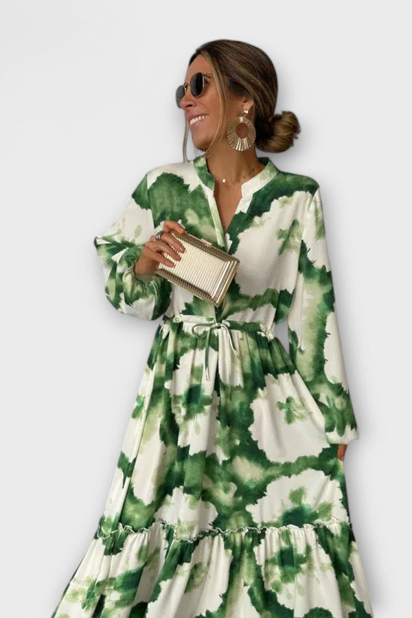 Melina - Grünes Maxi-Kleid mit langen Ärmeln und V-Ausschnitt