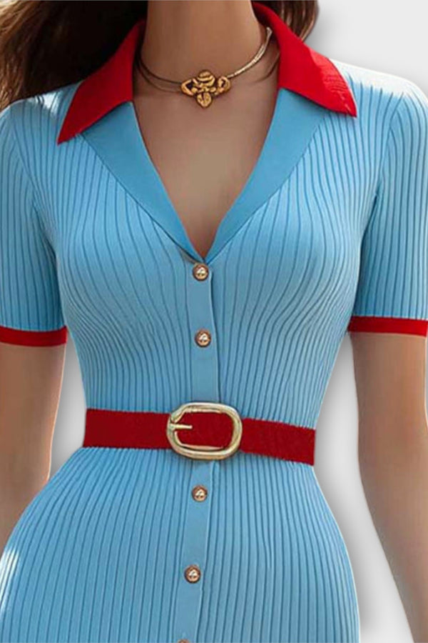 Sina - Schickes Babyblaues Rippstrick-Bleistiftkleid