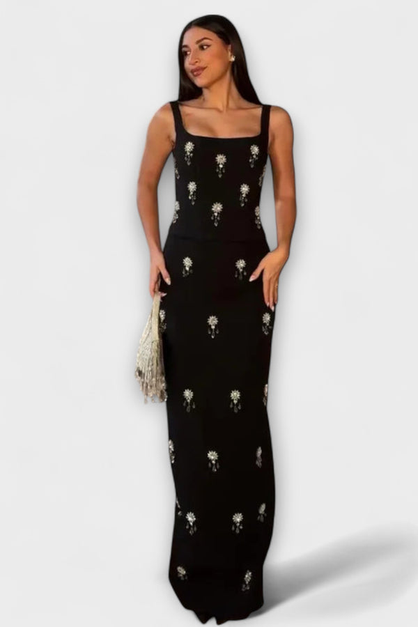 Avalon - Schwarzes Perlenzipper Oberteil und Rockensemble