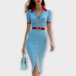 Sina - Schickes Babyblaues Rippstrick-Bleistiftkleid