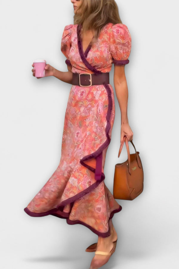 Elegantes Rosa Maxi-Kleid mit kurzen Ärmeln