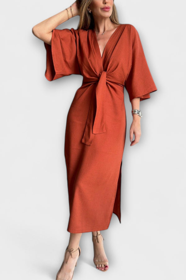 Holly - Lässiges V-Ausschnitt Kleid aus Baumwolle-Leinen mit Schnürung