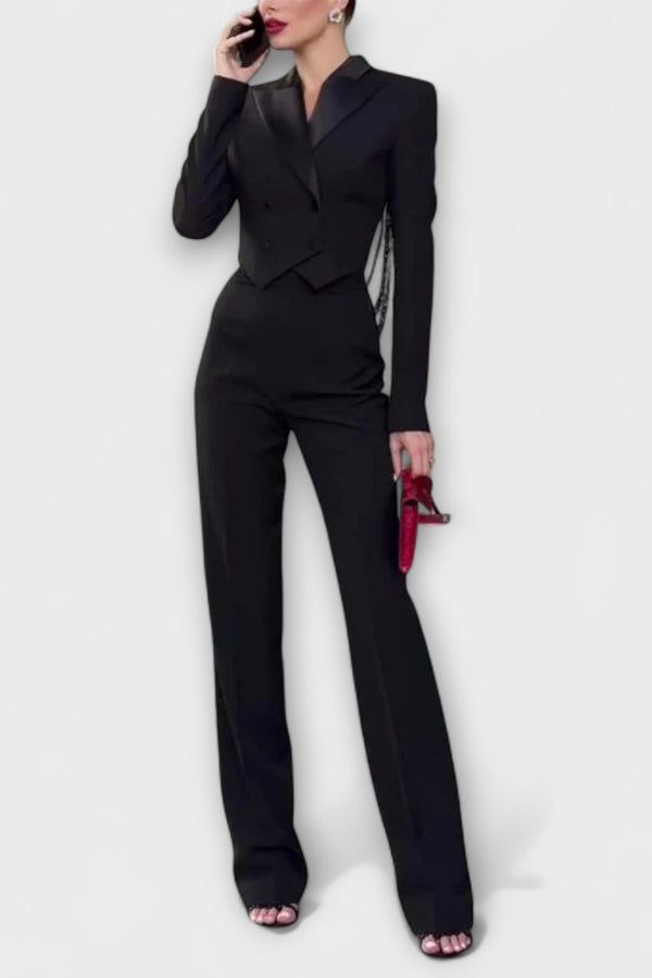 Noa - Schwarzes Perlenbesetztes Rückenfreies Kurzes Blazer Set