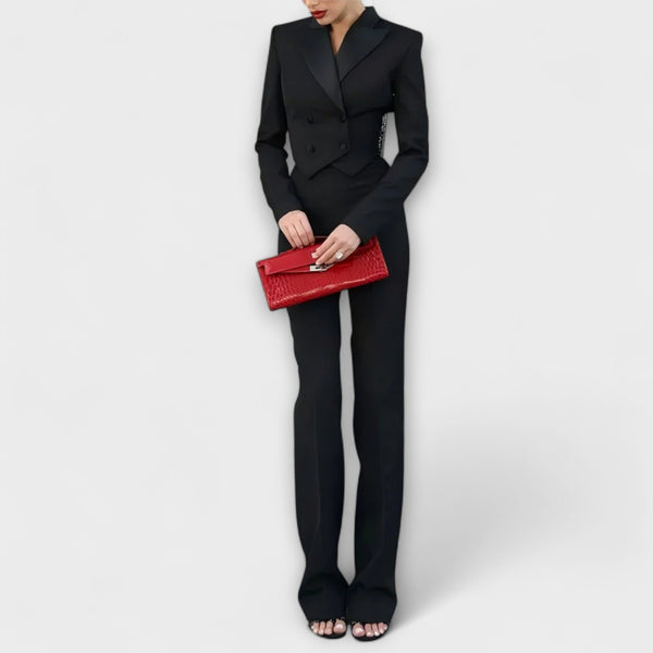 Noa - Schwarzes Perlenbesetztes Rückenfreies Kurzes Blazer Set