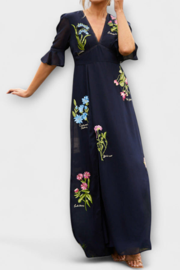 Beatrice - Elegantes Navy Blau Kleid mit Floralstickerei