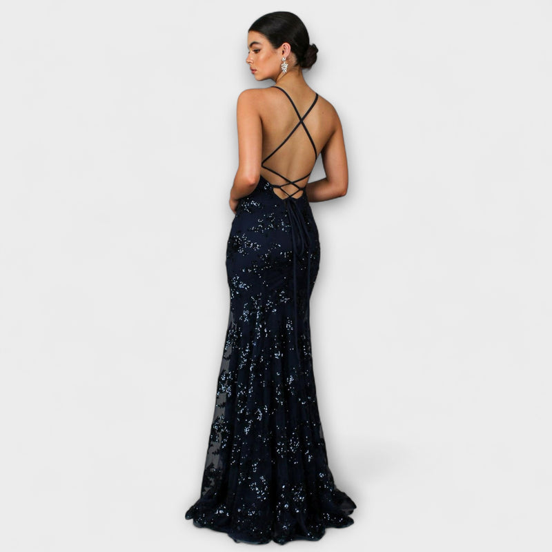 Zayla - Rückenfreies Maxikleid mit Pailletten-V-Ausschnitt