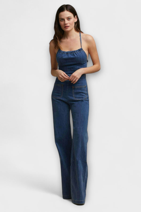 Julie - Flared Denim-Jumpsuit mit Bindeband-Detail