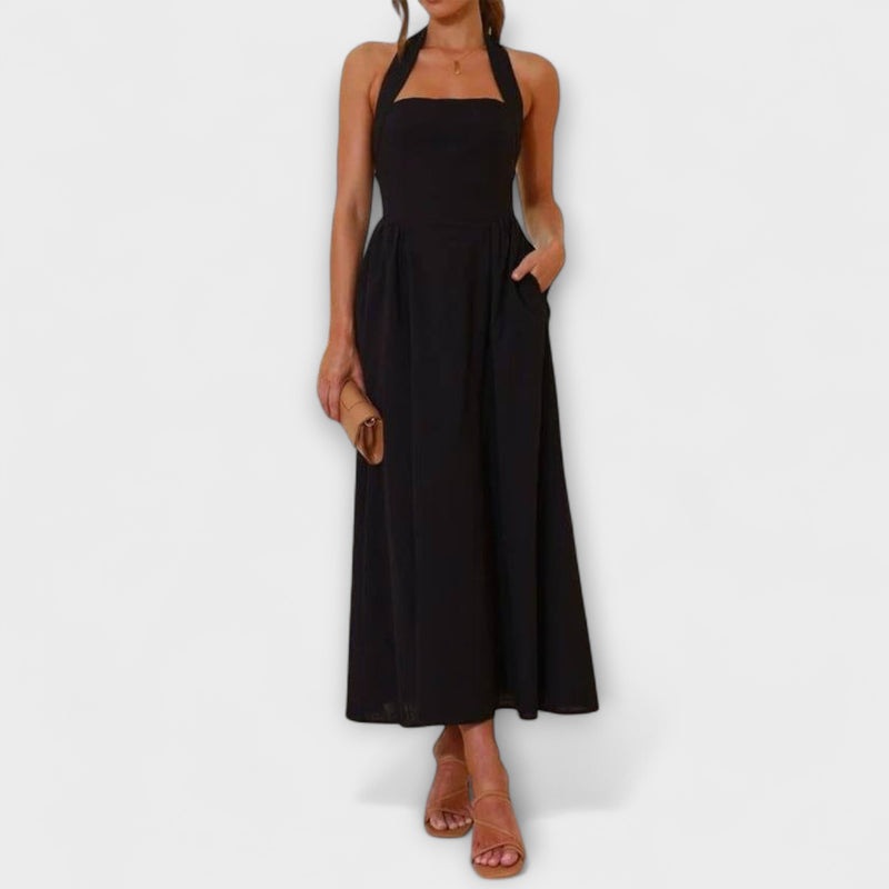 Lydia - Mid-Length Schwarzes Halterkleid mit Taillendetail
