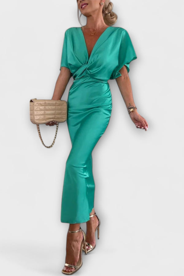 Sable - Solides Satin V-Ausschnitt Kreuzknoten Slim Fit Maxi Kleid