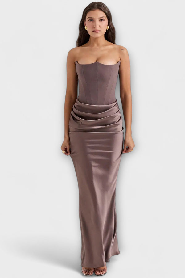 Schulterfreies Satin-Maxikleid mit Drapierung