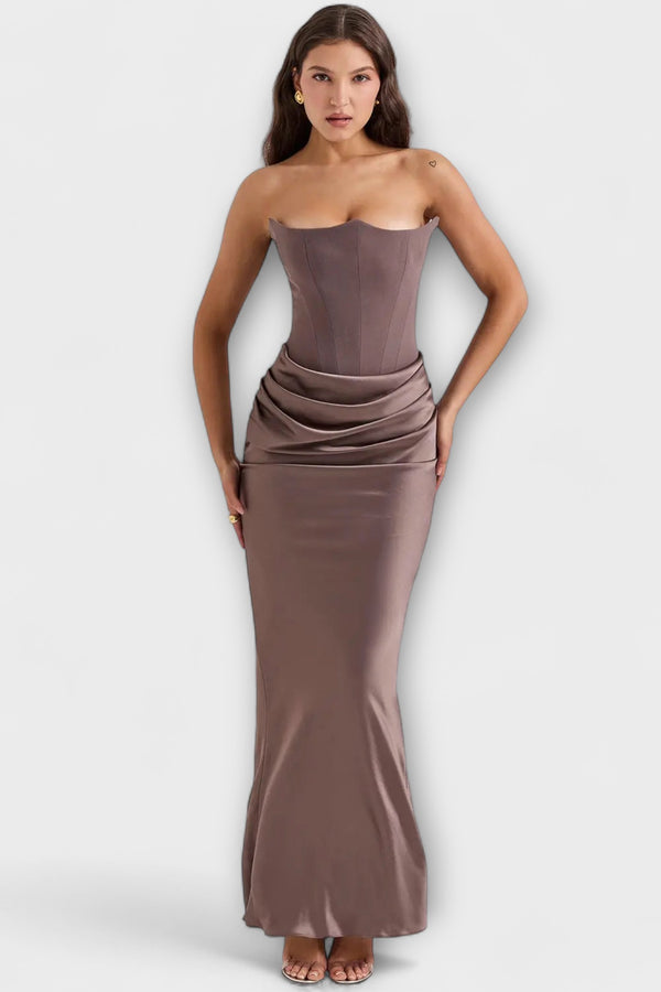 Schulterfreies Satin-Maxikleid mit Drapierung